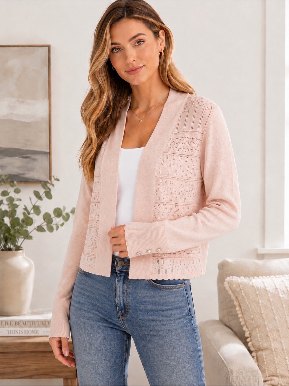 Love Scarlett Ivory Open Front Pointelle Knit Cardigan Sweater Size Medium